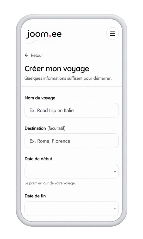 Écran de création d'un voyage sur Joorn.ee